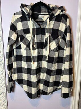 Columbia Black White Buffalo Plaid Hooded Flannel Shirt Womens Size M Button Up